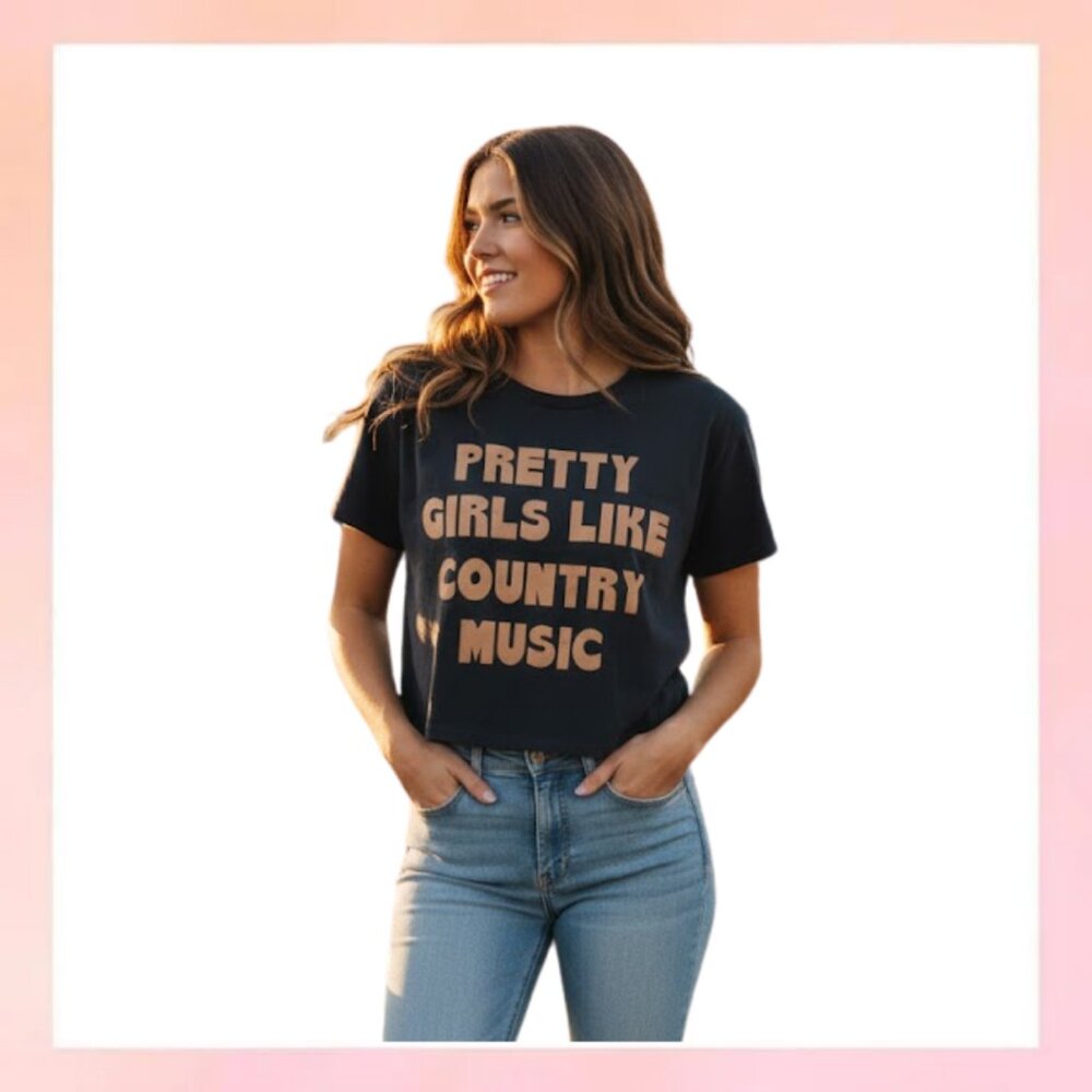 Pretty Girls Like Country Music Black Cropped Graphic Tee - large